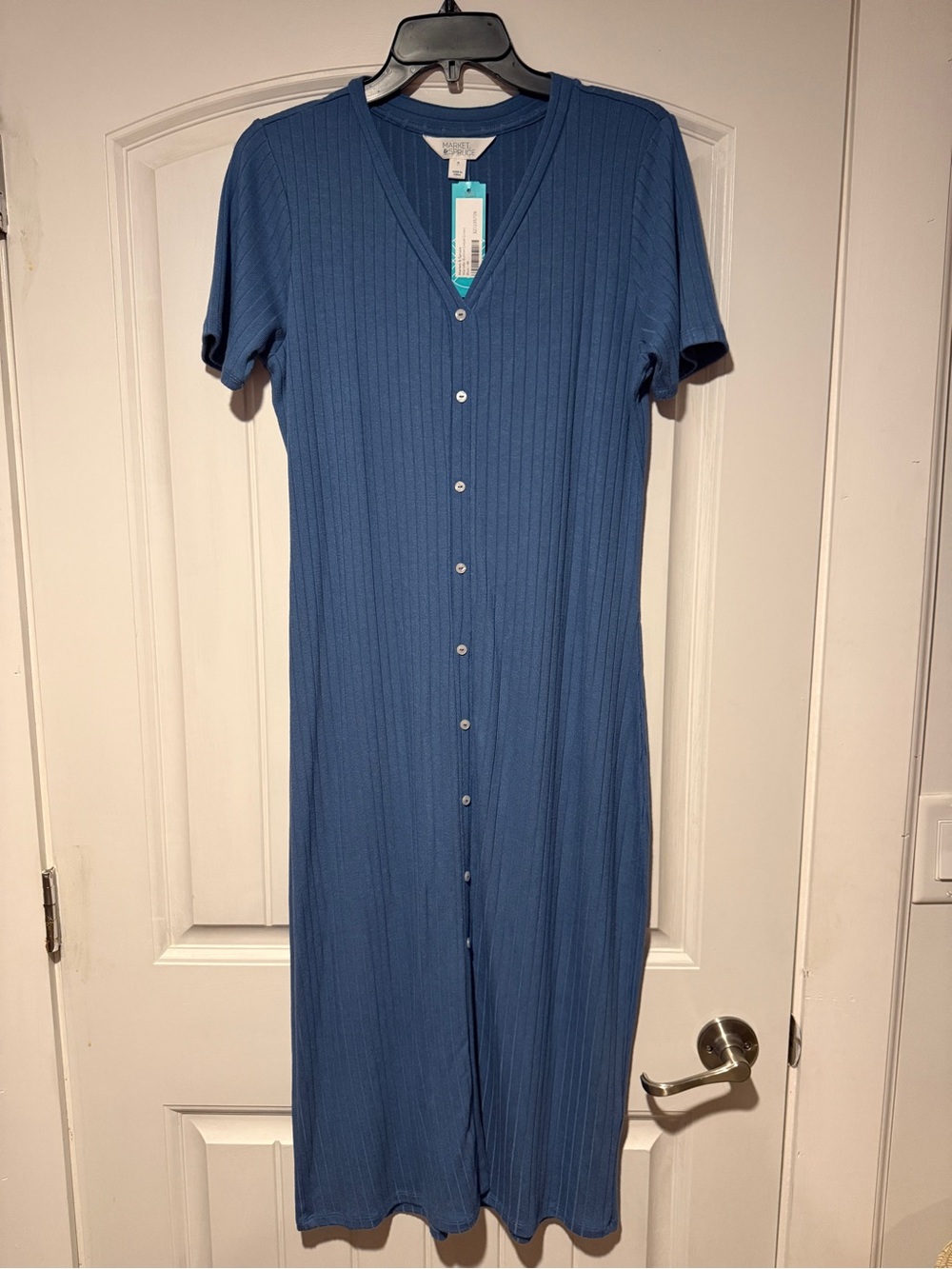 Market & Spruce Slate Blue Ribbed Button-Front Midi Dress